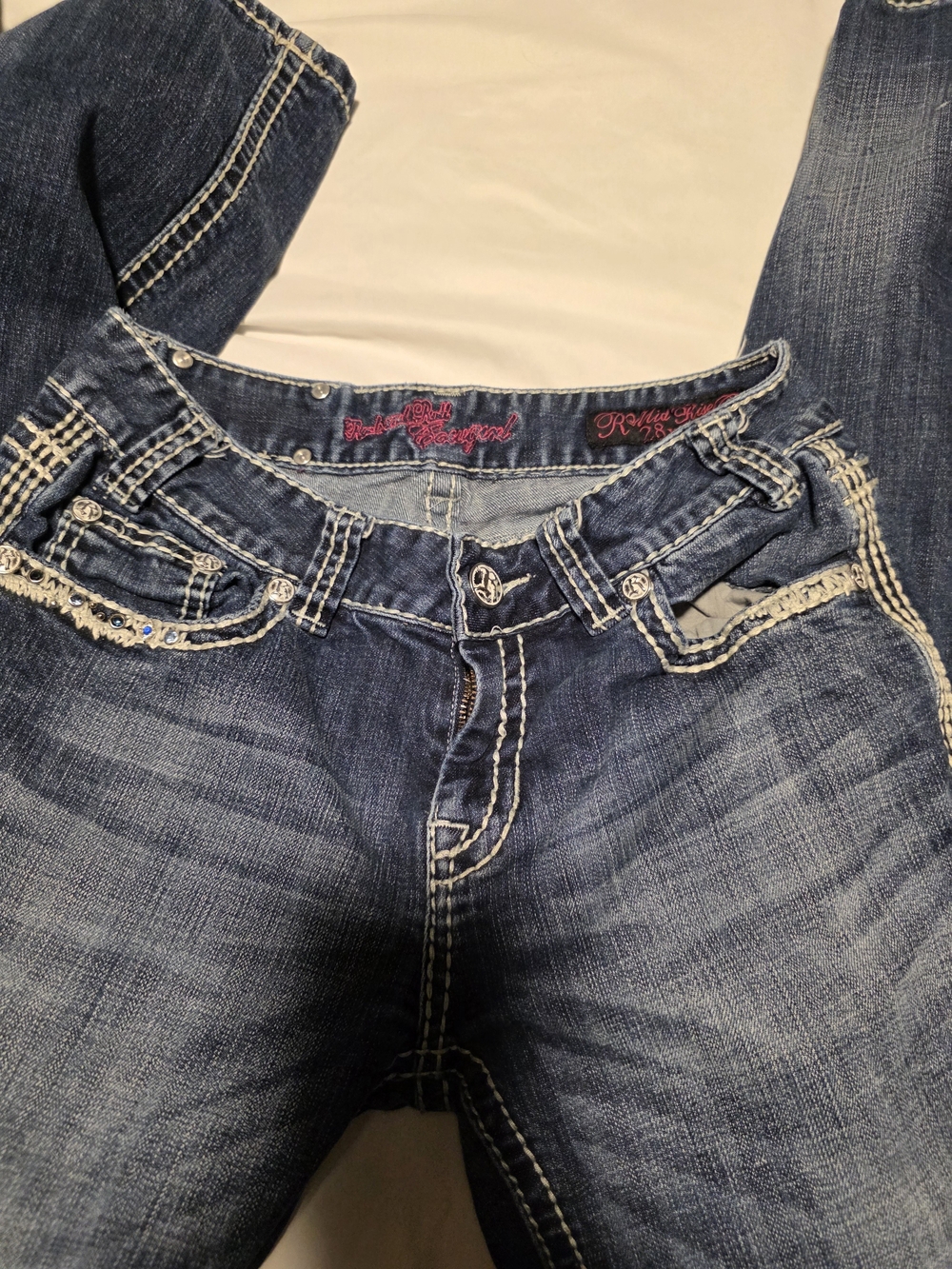 Rock & Roll Cowgirl Indigo Bootcut Jeans with White Contrast Stitching